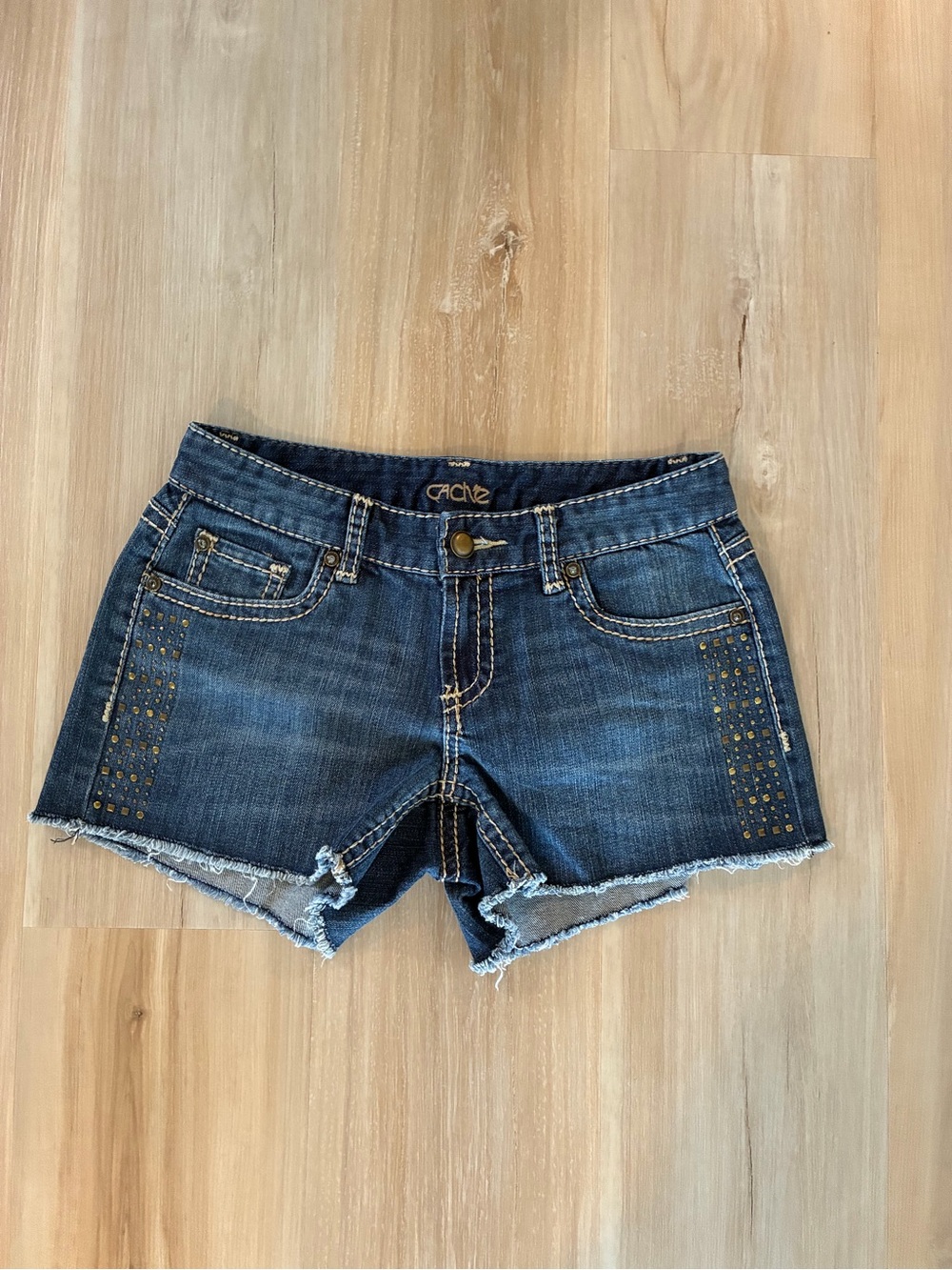 Cache Dark Blue Distressed Denim Shorts with Stud Details
